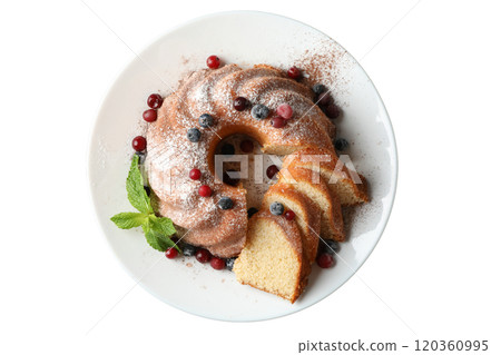 PNG, Christmas cake, cake in a plate, top view, isolated on white background. 120360995