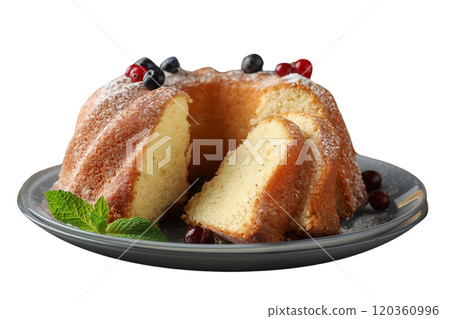 PNG, Christmas cake, cake in a plate, side view, isolated on white background. PNG, Christmas cake, cake in a plate, side view, isolated on white background. 120360996