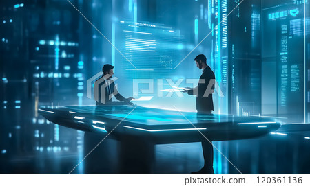 商務人士在辦公室裡一邊看全像圖一邊開會 120361136