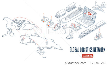 Global logistics network coordinates transportation, supply chain management (SCM), and operations across companies worldwide to deliver efficient logistics services. Vector illustration EPS 10 120361269