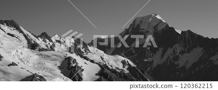 Mount Cook and glacier in black and white, new Zealand. 120362215