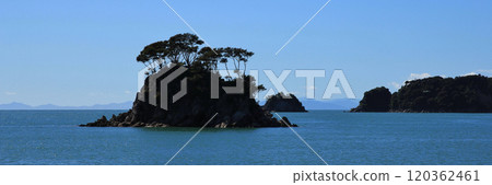 Outlines of a small island and trees in the Abel Tasman National Park, New Zealand. Outlines of a small island and trees in the Abel Tasman National Park, New Zealand. 120362461