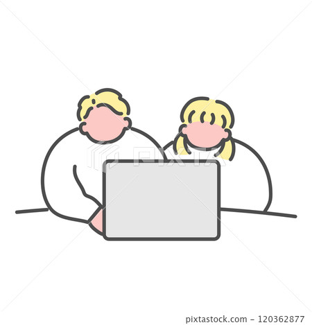 Illustration of a man and woman doing research on a computer Illustration of a man and woman doing research on a computer 120362877