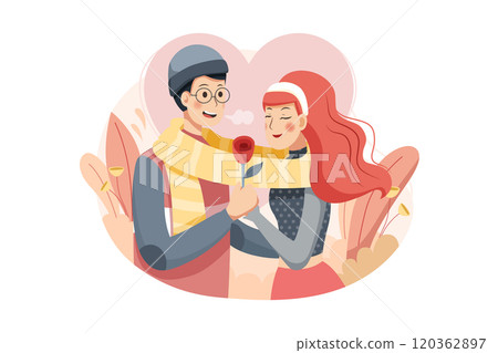 The man giving rose and telling love to his girlfriend on valentine day illustration 120362897