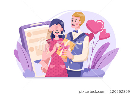 Portrait of a young couple giving surprise gift on their love anniversary illustration Portrait of a young couple giving surprise gift on their love anniversary illustration 120362899