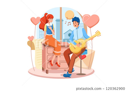 The boy playing guitar and singing a love song to his beautiful girlfriend on valentine day 120362900