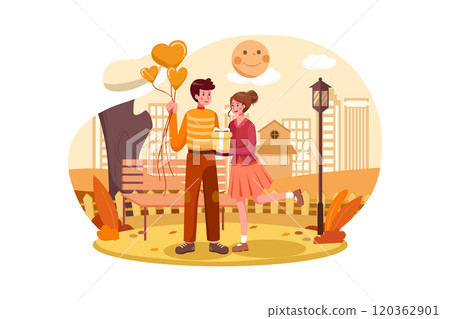 The couple giving presents on Valentines Day in the Park with love illustration The couple giving presents on Valentines Day in the Park with love illustration 120362901