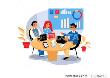 Group of analysts working on graphs 120362908