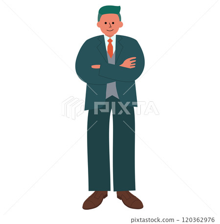 Full-body illustration of a man in a suit with his arms folded 120362976