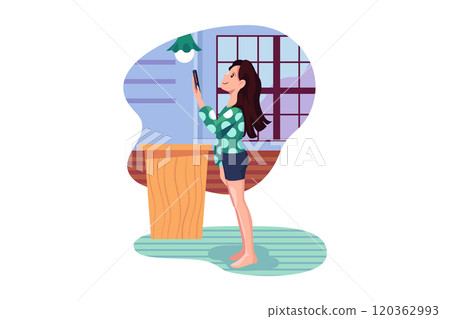 Woman controlling kitchen appliances with a smart phone. 120362993