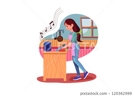Woman Working In Kitchen With Smart Speaker In Foreground Woman Working In Kitchen With Smart Speaker In Foreground 120362999
