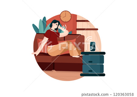 Young Woman talk to voice assistant at home and relaxing 120363058