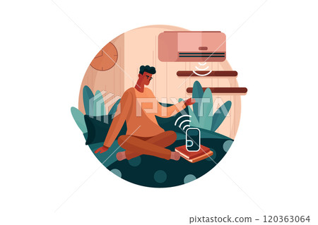 Man sitting on the bed using the Air conditioner and clock-controlled by speaker's voice 120363064