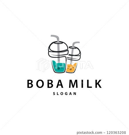 Boba Drink Logo, Milk Tea Cute Boba Pearl Jelly Drink Bubble Vector Simple Minimalist Design 120363208