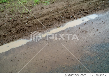 On rainy days, soil from the fields flows onto the road. 120363447