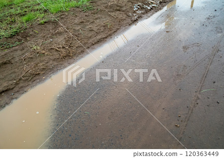 On rainy days, soil from the fields flows onto the road. 120363449