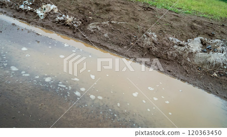 On rainy days, soil from the fields flows onto the road. 120363450