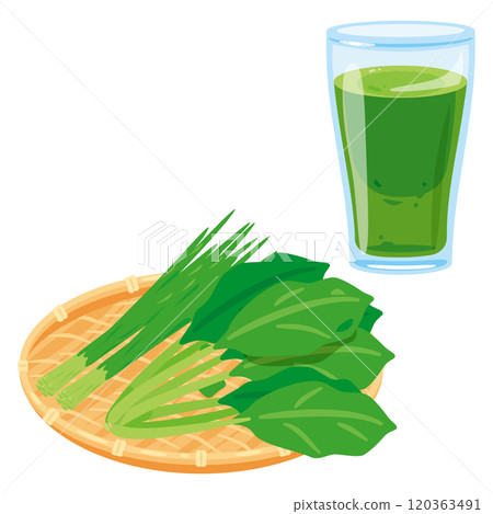 漏杓中的羽衣甘藍和大麥草，玻璃杯中的綠汁 120363491