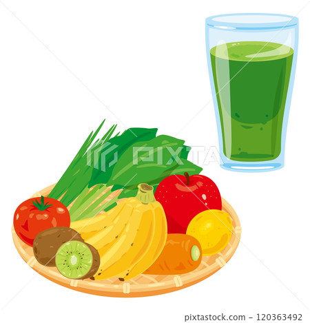 濾鍋中的蔬菜和水果以及玻璃杯中的綠色果汁 濾鍋中的蔬菜和水果以及玻璃杯中的綠色果汁 120363492