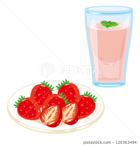 Strawberries on a plate and strawberry smoothie in a glass Strawberries on a plate and strawberry smoothie in a glass 120363494