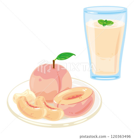 盤子裡的桃子和玻璃杯裡的桃子冰沙 120363496