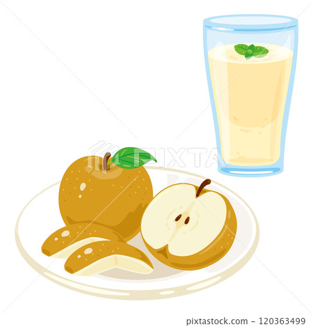 Pears on a plate and pear smoothie in a glass 120363499
