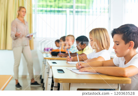 Diligent tweens studying in classroom with female teacher 120363528