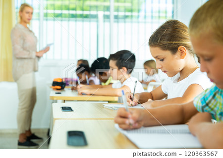 Group of focused kids working at class 120363567