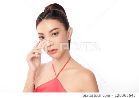 Beautiful young asian woman with clean fresh skin on white background, Face care, Facial treatment, Cosmetology, beauty and spa, Asian women portrait. Beautiful young asian woman with clean fresh skin on white background, Face care, Facial treatment, Cosmetology, beauty and spa, Asian women portrait. 120363645