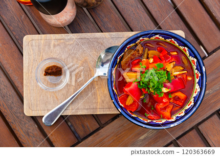 Uigur soup lagman with meat and vegetables Uigur soup lagman with meat and vegetables 120363669