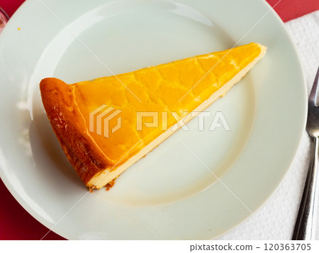 Well-known dessert is served on plate, delicate cheesecake decorated with imitation leopard spots Well-known dessert is served on plate, delicate cheesecake decorated with imitation leopard spots 120363705