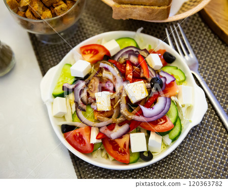 Greek vegetable salad with cheese Greek vegetable salad with cheese 120363782