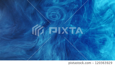 Glitter haze swirl. Ink smoke explosion. Blue color splash vapor floating wave spreading dreamlike sky cloud abstract background. 120363929