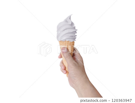 Ice cream in hand, summer dessert cone ice cream. Ice cream in hand, summer dessert cone ice cream. 120363947