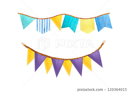 Flag garland set isolated on white. High quality hand-drawn watercolor illustration blue, purple and yellow for baby shower, cards, birthday celebrations, event programs, stickers, packages design 120364015