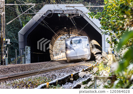 The Shinkansen passing through the Kaseno Tunnel The Shinkansen passing through the Kaseno Tunnel 120364028