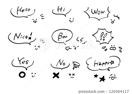 A set of cute, handwritten and doodle style speech bubbles 120364117