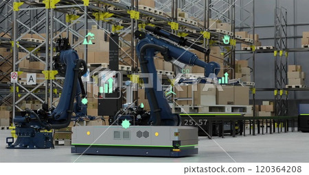 Image of data processing and ecology icons over warehouse 120364208