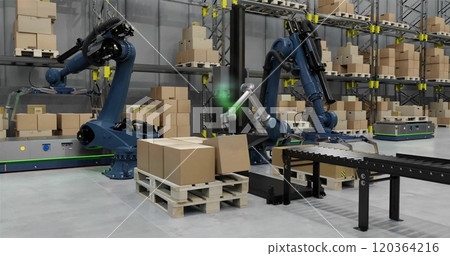 Image of data processing and ecology icons over warehouse Image of data processing and ecology icons over warehouse 120364216