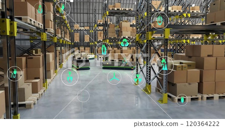 Image of ecology icons over machines in warehouse 120364222