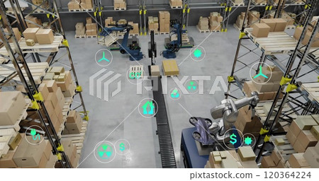 Image of ecology icons over machines in warehouse 120364224