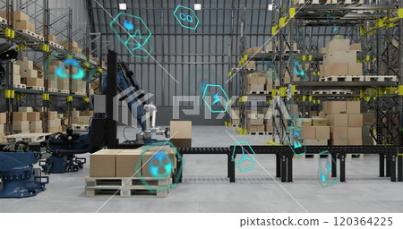 Image of ecology icons over machines in warehouse Image of ecology icons over machines in warehouse 120364225