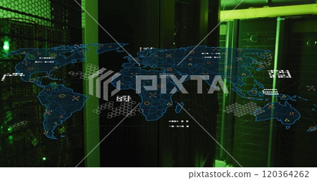 World map with data points and network connections image over server room World map with data points and network connections image over server room 120364262