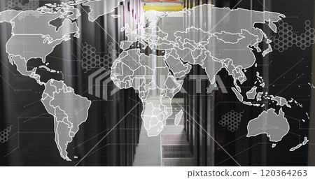 World map image over data center servers in hallway 120364263