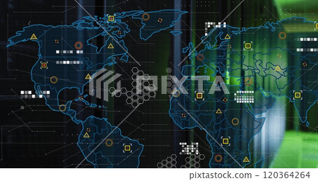 World map with data points and network connections image over green-lit server room 120364264