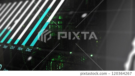 Data processing image over green-lit servers with diagonal lines and calendar 120364267