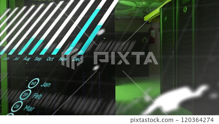 Data processing image over servers in green-lit data center Data processing image over servers in green-lit data center 120364274