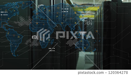 Global network connections and data processing image over server racks in data center Global network connections and data processing image over server racks in data center 120364278