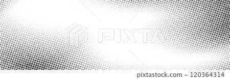 Grunge halftone background. Fading grit noise gradient texture. Black and white sand wallpaper. Wide long retro pixelated backdrop. Anime or manga comic style overlay. Vector halftone gritty bg 120364314