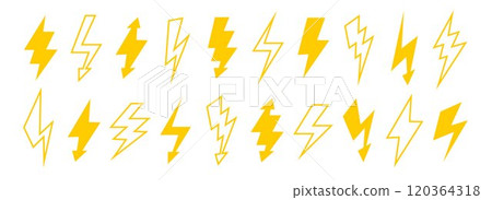 Yellow lightning bolt set. Solid and outline thunder bolt symbol collection. Flash thunderbolt element pack for poster, banner, graphic design, card. Orange strike arrow signs bundle. Vector 120364318